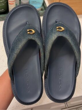 Coach Denim Navy Blue Slide Sandals with Gold Accent